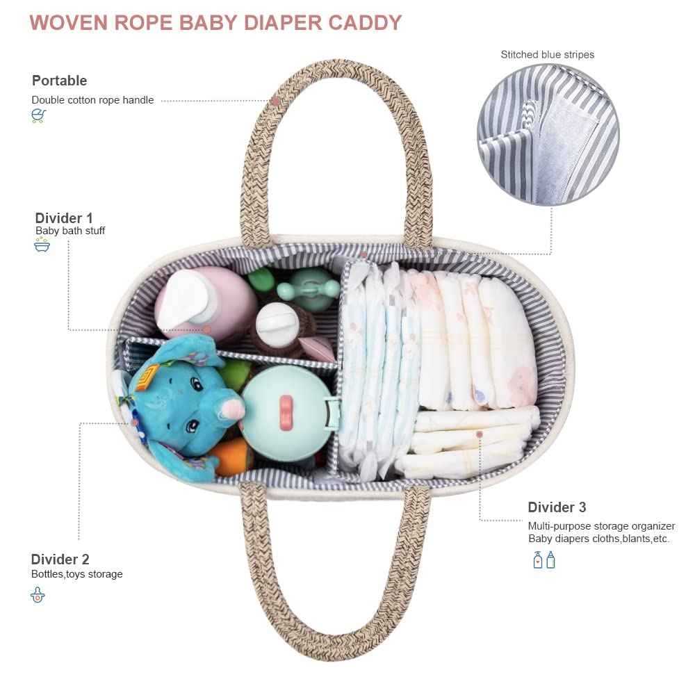 Baby Nappy Caddy Organiser, Multifunctional Storage Box for Nappies, with Interchangeable Compartments, 100% Cotton Linen, Portable Storage Basket for Nappies, Baby Shower Gift
