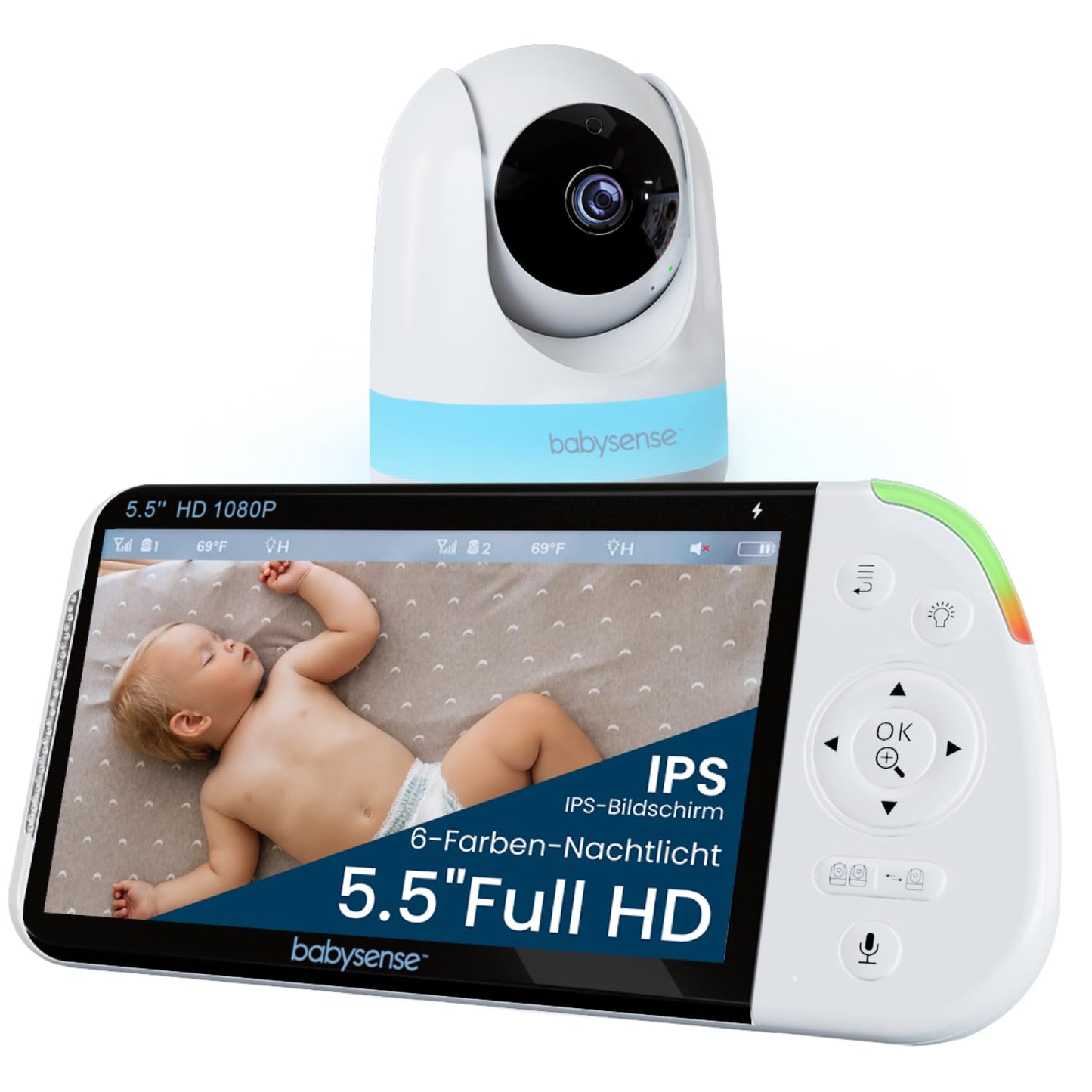 Babysense Full HD Split-Screen-Babyphone mit 1 Kamera, Nachtlicht in 6 Farben, Geräusch- & Lichtmaschine, 20-Stunden-Akku, abhörsichere Verbindung ohne WLAN (Kopie)