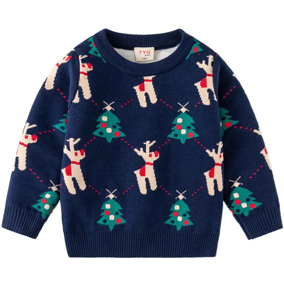 Fandecie Children's Christmas Jumper Cotton Crew Neck Christmas Elk Santa Sweater Girls Boys Sweatshirt Jumper 2-7 Years