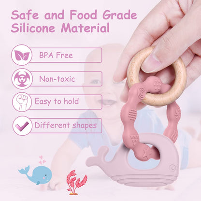 Vicloon Beißring für Babys, Beißring Spielzeug aus Silikon und Holzringe, Baby Zahnungshilfe BPA-frei, Schmerzlindernde Zahnen Nursing Zubehör für ab 3 Monaten Babys(Wal Blau)