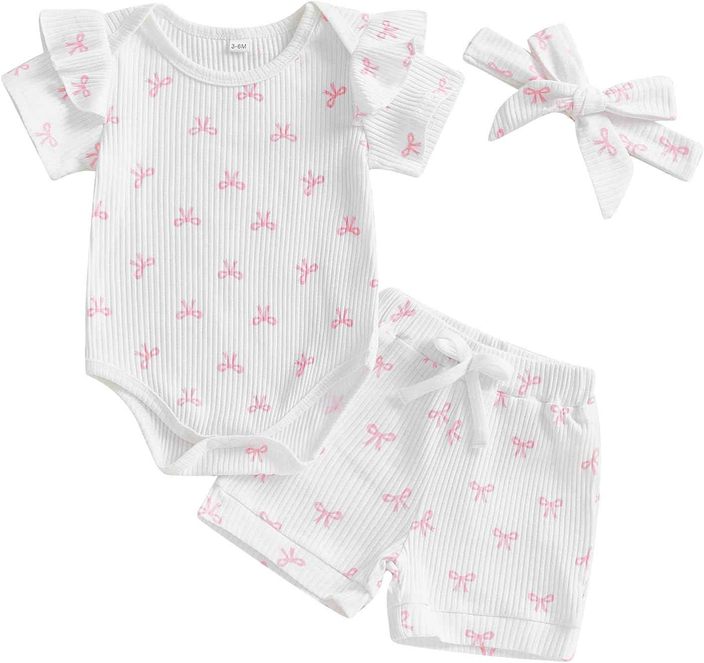 Beauace 3-Piece Baby Girls' Summer Clothing Set Ruffle Short Sleeve Romper + Ruffle Shorts + Headband Baby Set Soft Newborn Going Out Outfit