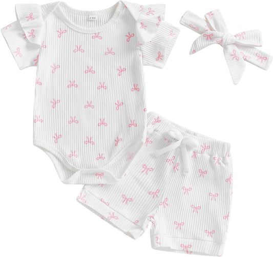 3tlg Baby Mädchen Sommer Kleidung Set Rüschen Kurzarm Strampler + Rüschen Shorts + Stirnband Babyset Weiche Neugeborene Ausgehen Outfit