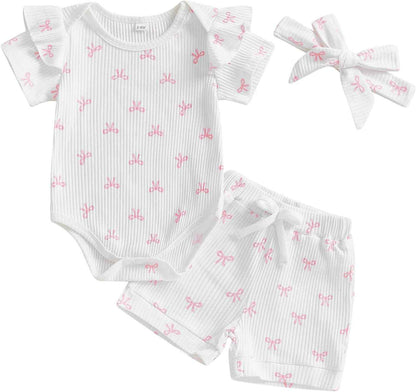 Beauace 3-Piece Baby Girls' Summer Clothing Set Ruffle Short Sleeve Romper + Ruffle Shorts + Headband Baby Set Soft Newborn Going Out Outfit