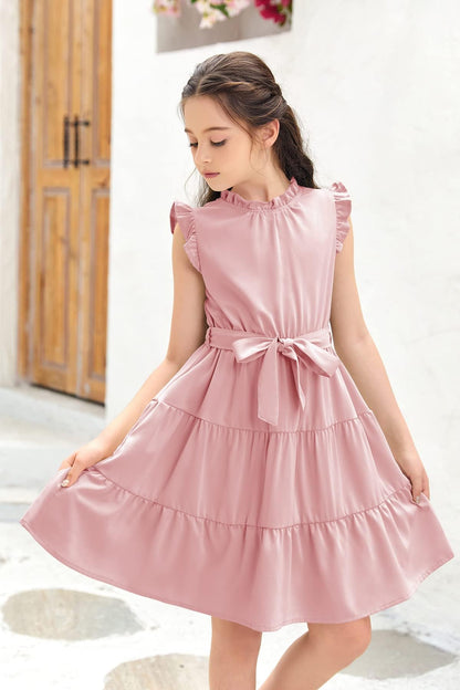 Haloumoning Mädchen Kleider Casual Rüschen Ärmel Midi Kleid Kinder Plissee Party Kleid mit Gürtel 4-15 Jahre