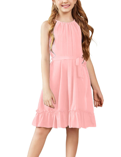 Arshiner Mädchen Kleid Neckholder Sommerkleid Rüschensaum Midikleid A-Linie Kinderkleid Swing Partykleider Abendkleid Kinder Festliche Kleider Freizeitkleid mit Gürtel 6-14 Jahre