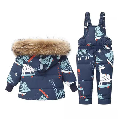 Printed Snowsuits for Baby Girls, 2-Piece Clothing Set, Winter Unisex Children's Down Jacket with Removable Fur Hood with Snow Dungarees, Boys and Girls, Ski Suit Clothing