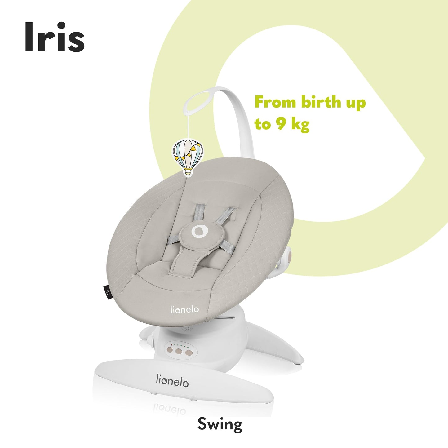 LIONELO Iris Electric Baby Rocker 360° Rotatable for Babies up to 9 kg Adjustable Backrest, 5 Weighing Speeds, Non-Slip Safety Belt, 12 Melodies Hanger with Toy Remote Control