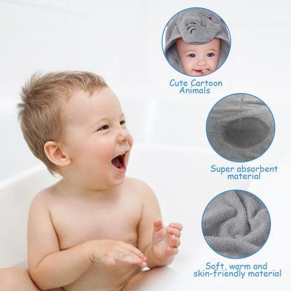 Aolso Hooded Towel Baby, 80 x 80 cm Baby Towel Hood, Baby Wash Cloth, Coral Fleece Baby Towel with Hood for Newborns, Soft and Super Absorbent, Unisex (Grey Elephant)