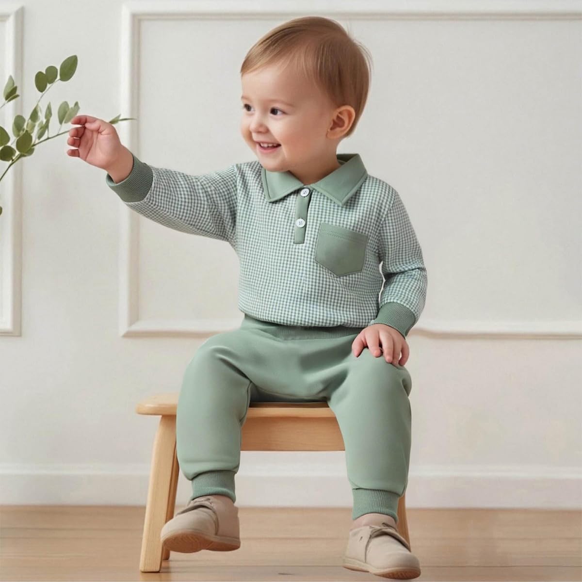 Kleinkind Baby Jungen Kleidung Outfits Langarm Turn-Down Kragen Plain / Checked Sweatshirt und Hose 2 Stück Herbst Winter Trainingsanzug Set