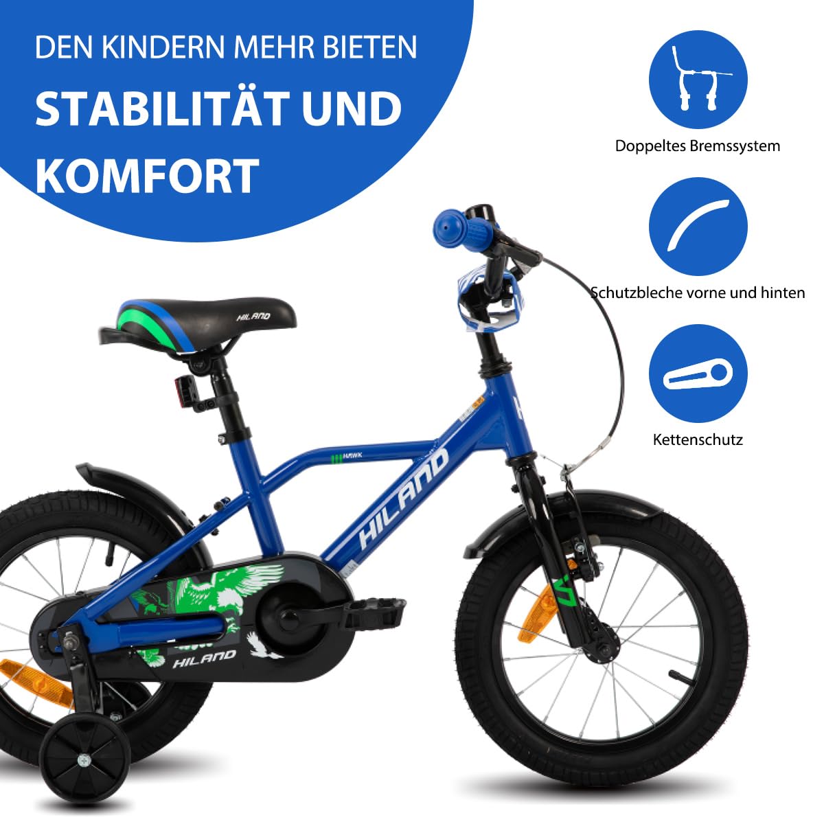 Hiland 12/14/16/20 Zoll Kinderfahrrad, Jungen Fahrrad für 3-10 Jahre, mit Stützrädern, Kinderfahrrad mit Handbremse und Rücktrittbremse, Schwarz/Grün/Blau/Orange - Meloni2