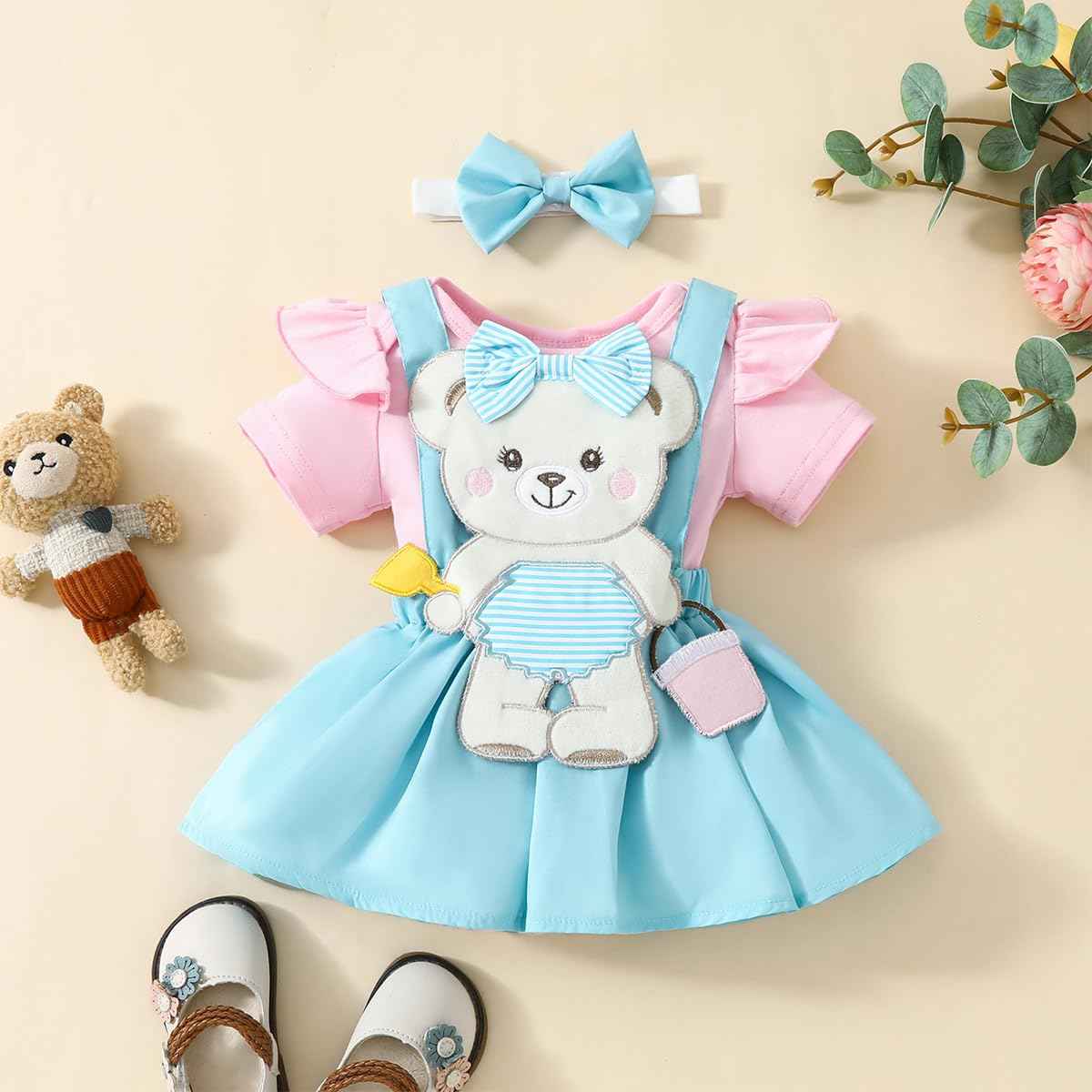 Neugeborenes Baby Mädchen Röcke Sets Kurzarm Rüschen Top + Bedrucktes Overalls Hosenträger Kleid + Stirnband Sommer Kleidung Outfits Set