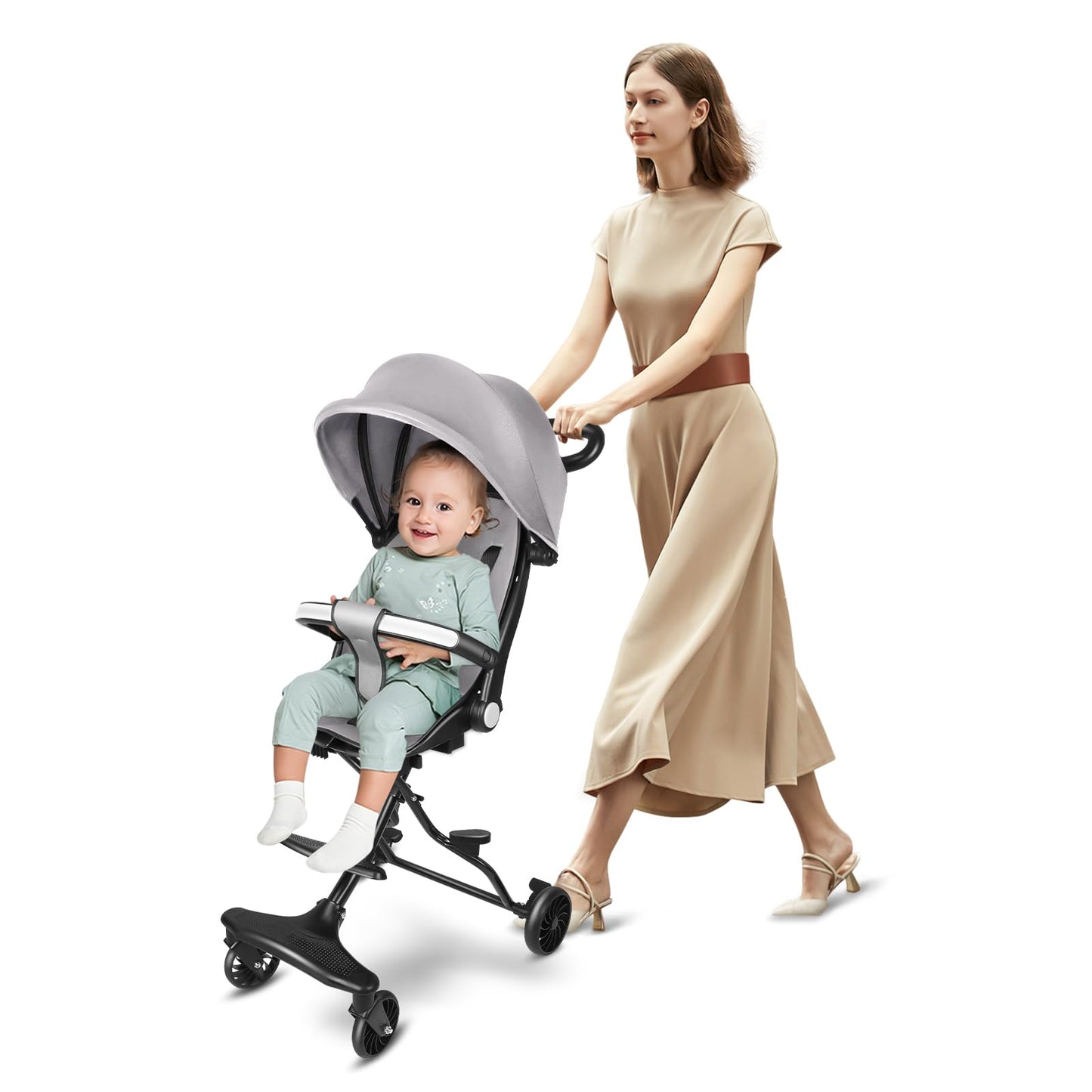 Buggy für Babys, ultraleicht, kompakt, faltbar und neigbar, von Geburt bis 25 kg, mit Trolley-System, Regenschutz inklusive, ausziehbarer Haube, C-schwarz