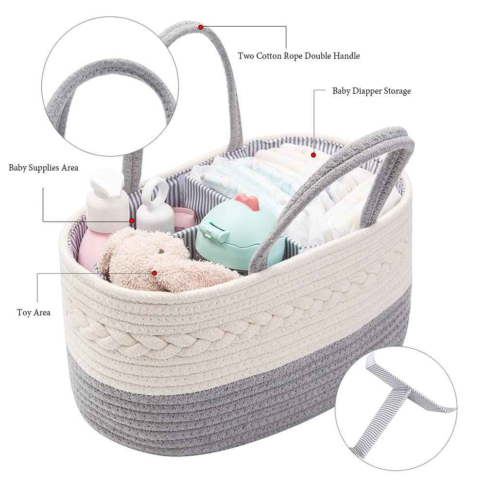 Baby Nappy Caddy Organiser, Multifunctional Storage Box for Nappies, with Interchangeable Compartments, 100% Cotton Linen, Portable Storage Basket for Nappies, Baby Shower Gift
