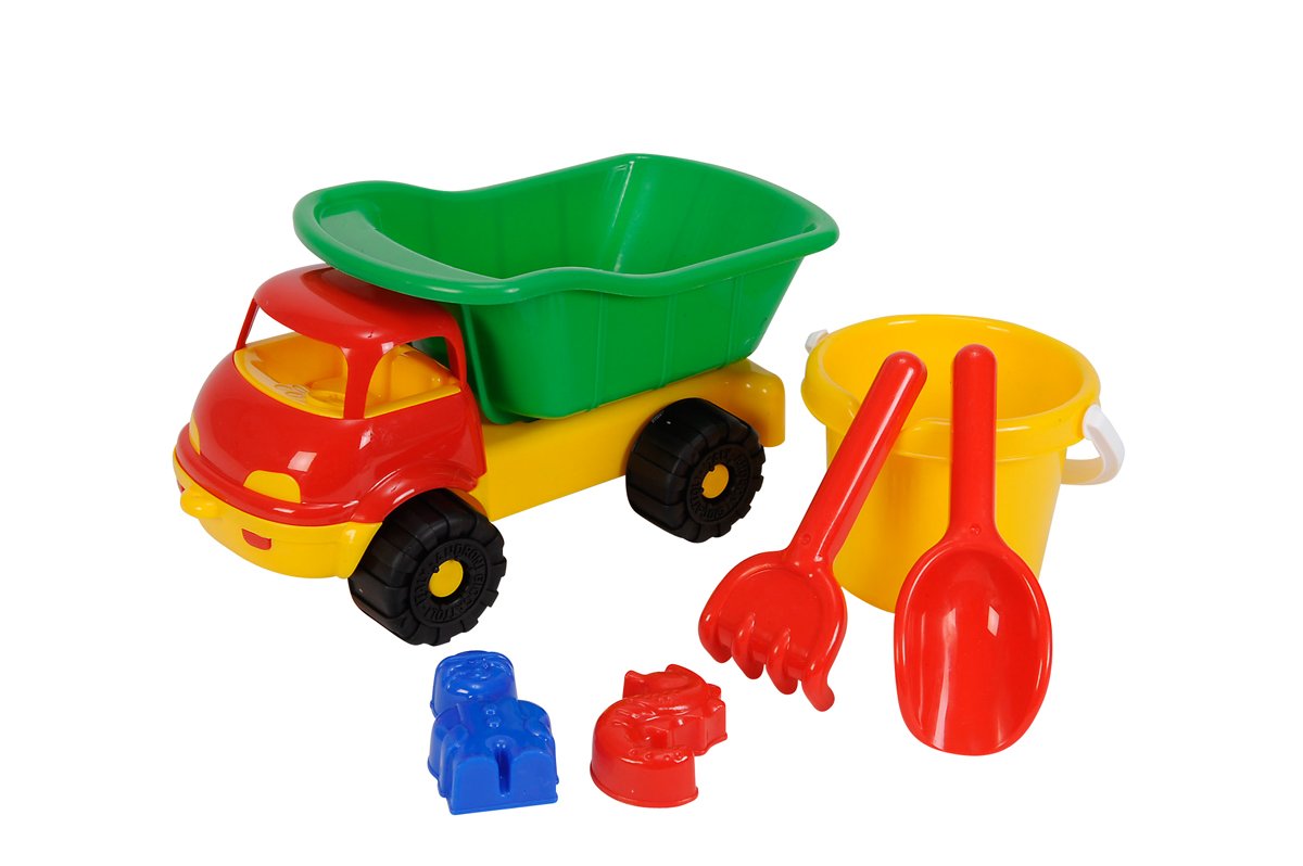 Simba 107134123 - Truck Dump Truck Filled, 2 Assortments, Only One Item Delivered, 6 Pieces, Tipper, Bucket, 2 x Sand Mould, Shovel, Rake, 35 cm