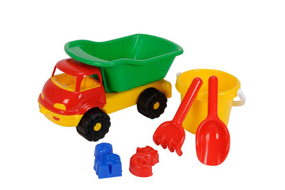 Simba 107134123 - Truck Dump Truck Filled, 2 Assortments, Only One Item Delivered, 6 Pieces, Tipper, Bucket, 2 x Sand Mould, Shovel, Rake, 35 cm