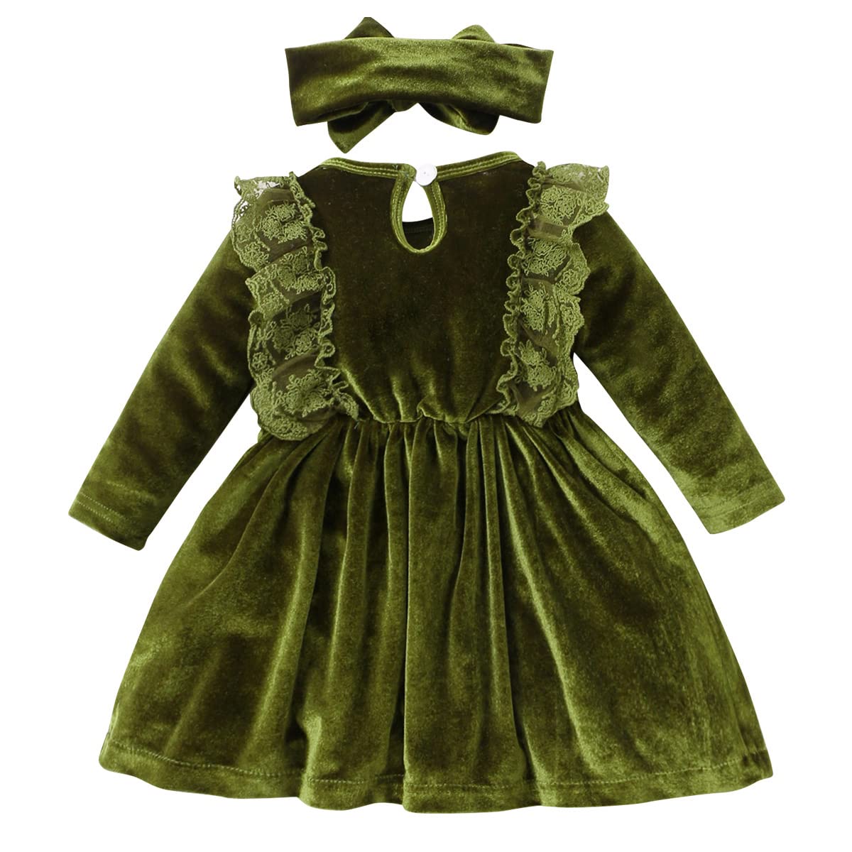Baby Dress Girls Long Sleeve Lace A Line Princess Velvet Dress + Headband Wedding Festive Autumn Winter Clothing