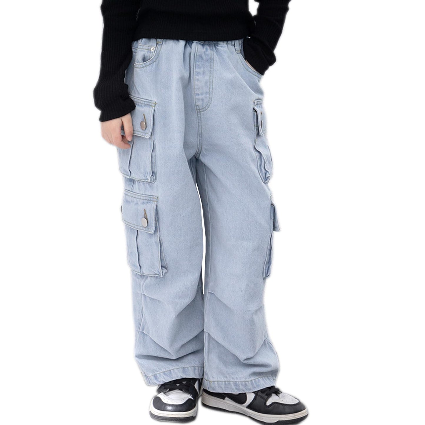 Rolanko Girls' Jeans Trousers with Hole, Denim Blue Jeans, Vintage Trousers With Wide Leg for Children