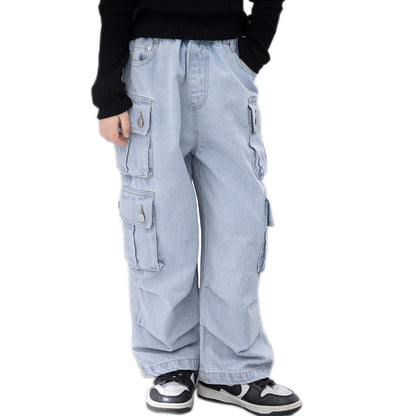Rolanko Girls' Jeans Trousers with Hole, Denim Blue Jeans, Vintage Trousers With Wide Leg for Children