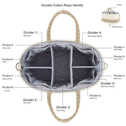 Baby Nappy Caddy Organiser, Multifunctional Storage Box for Nappies, with Interchangeable Compartments, 100% Cotton Linen, Portable Storage Basket for Nappies, Baby Shower Gift