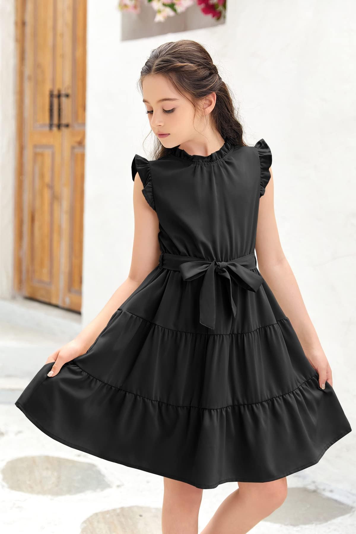 Haloumoning Mädchen Kleider Casual Rüschen Ärmel Midi Kleid Kinder Plissee Party Kleid mit Gürtel 4-15 Jahre
