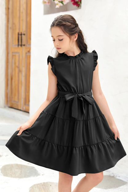 Haloumoning Mädchen Kleider Casual Rüschen Ärmel Midi Kleid Kinder Plissee Party Kleid mit Gürtel 4-15 Jahre
