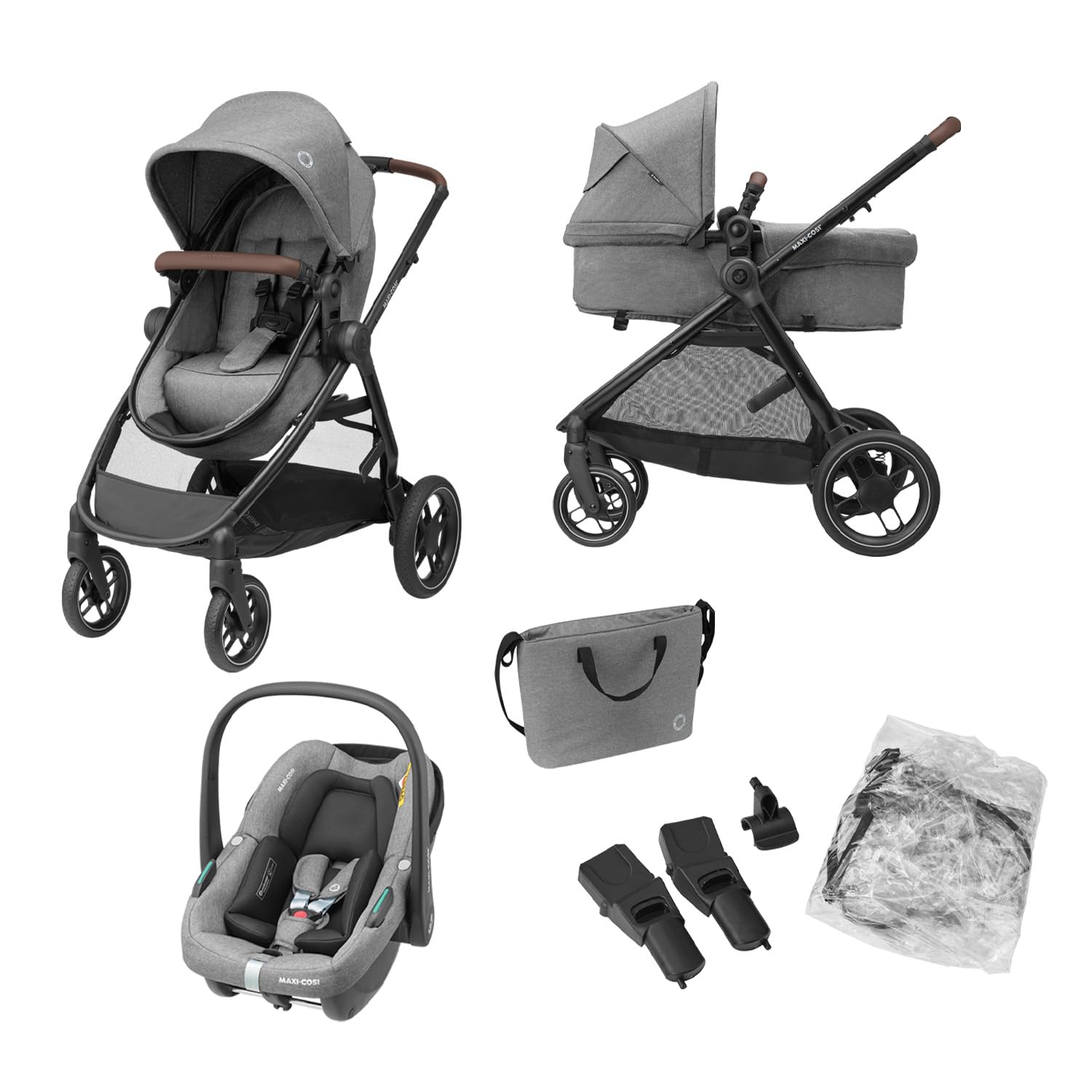 Maxi-Cosi Zelia S Trio 3-in-1 Complete Set, 0–4 Years, up to 22 kg, Foldable, Compact, Adjustable Baby Pram, with CabrioFix S i-Size Baby Seat, Accessories, Changing Bag, Grey - Meloni2
