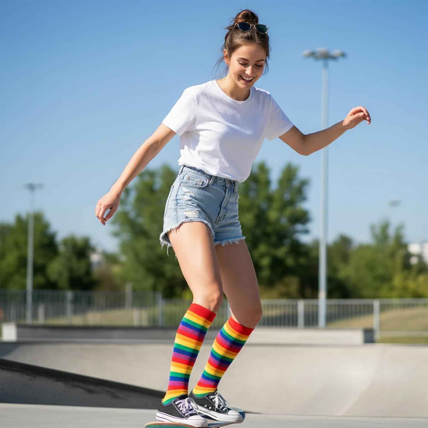 4 Pairs Striped Knee Socks Girls, Rainbow Knee Socks Children, Rainbow Socks, Colourful Thigh High Socks Leg Stocking 2-12 Years Size 23-38