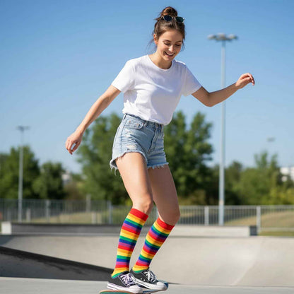 4 Pairs Striped Knee Socks Girls, Rainbow Knee Socks Children, Rainbow Socks, Colourful Thigh High Socks Leg Stocking 2-12 Years Size 23-38