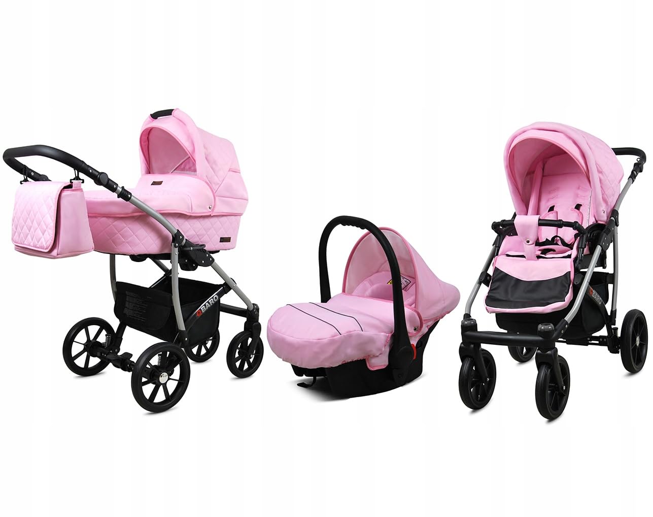 BabyLux® Bambimo Qbaro 3-in-1 Pushchair Set Including Baby Carrycot, Buggy Sports Seat, Car Seat - Car Seat - Pram Set - Combination Pram with Changing Bag, Rain Cover etc. 
