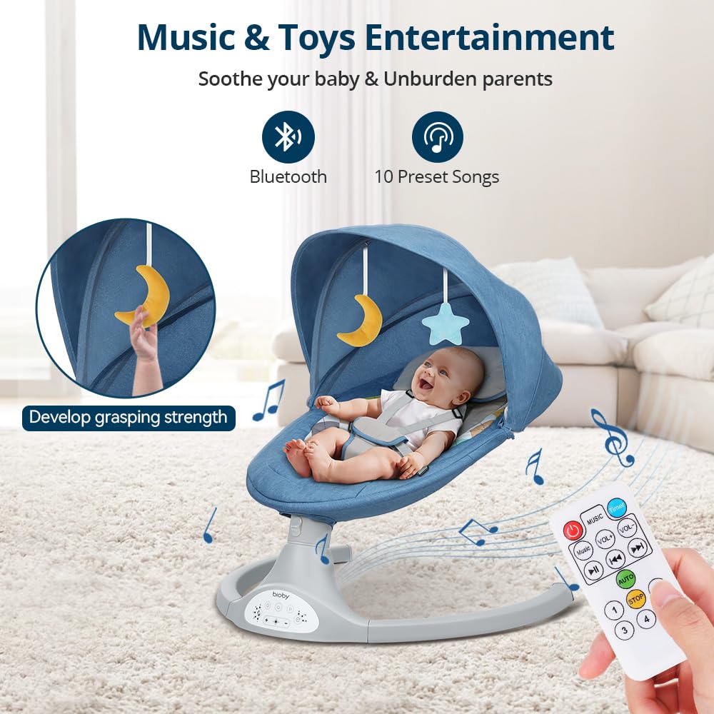 Bioby Elektrische Babywippe | Babyschaukel mit 5-Punkt-Gurt & 5 Schaukelmodi, Leicht & Sicher Wippe Baby Elektronisch mit Bluetooth-Musik & Fernbedienung, für 0-12 Monate (2-9 kg), Grau