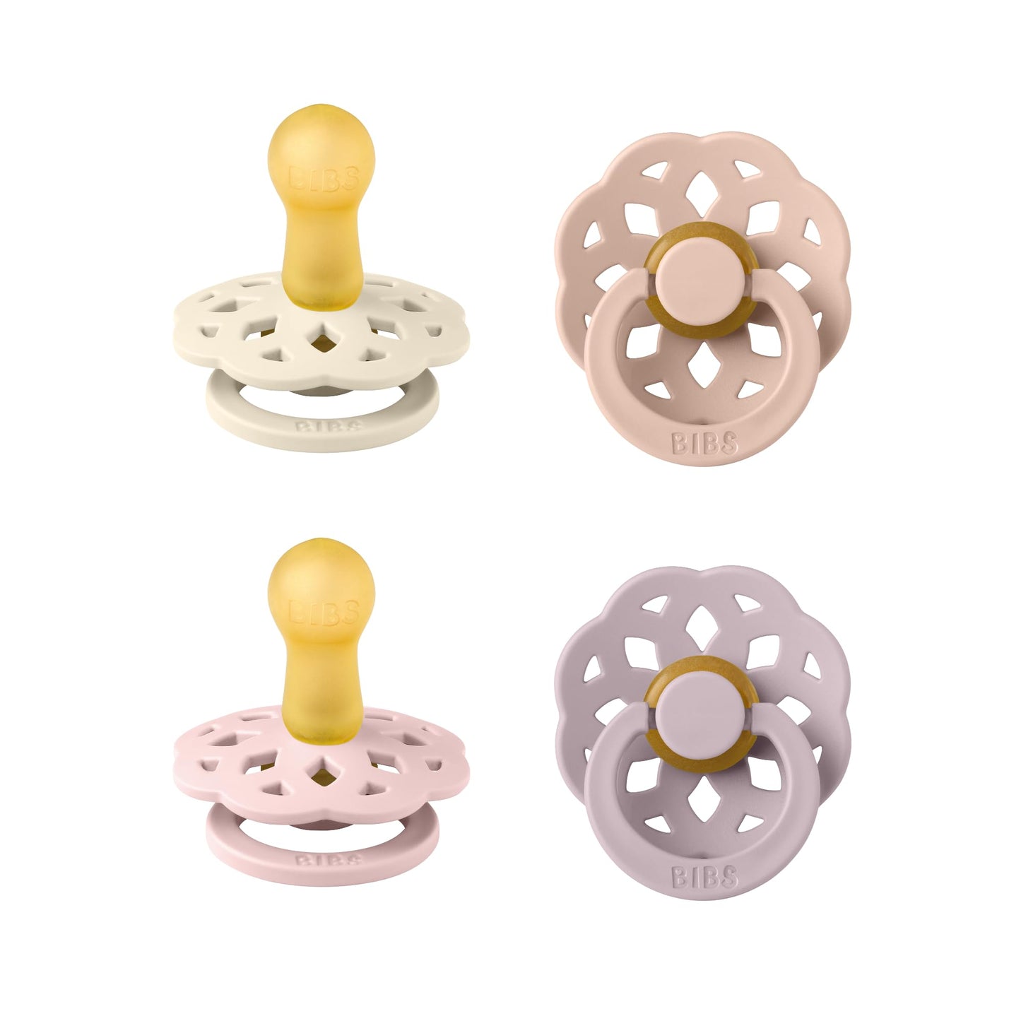 BIBS Boheme Schnuller 4er-Pack. BPA-frei, Kirschform Nippel. Naturkautschuk/Latex, Hergestellt in Dänemark. Größe 1/2, (0-6 Monate/6-18 Monate), (4er Pack), Vanilla Mix - Meloni2