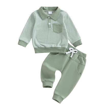 Kleinkind Baby Jungen Kleidung Outfits Langarm Turn-Down Kragen Plain / Checked Sweatshirt und Hose 2 Stück Herbst Winter Trainingsanzug Set