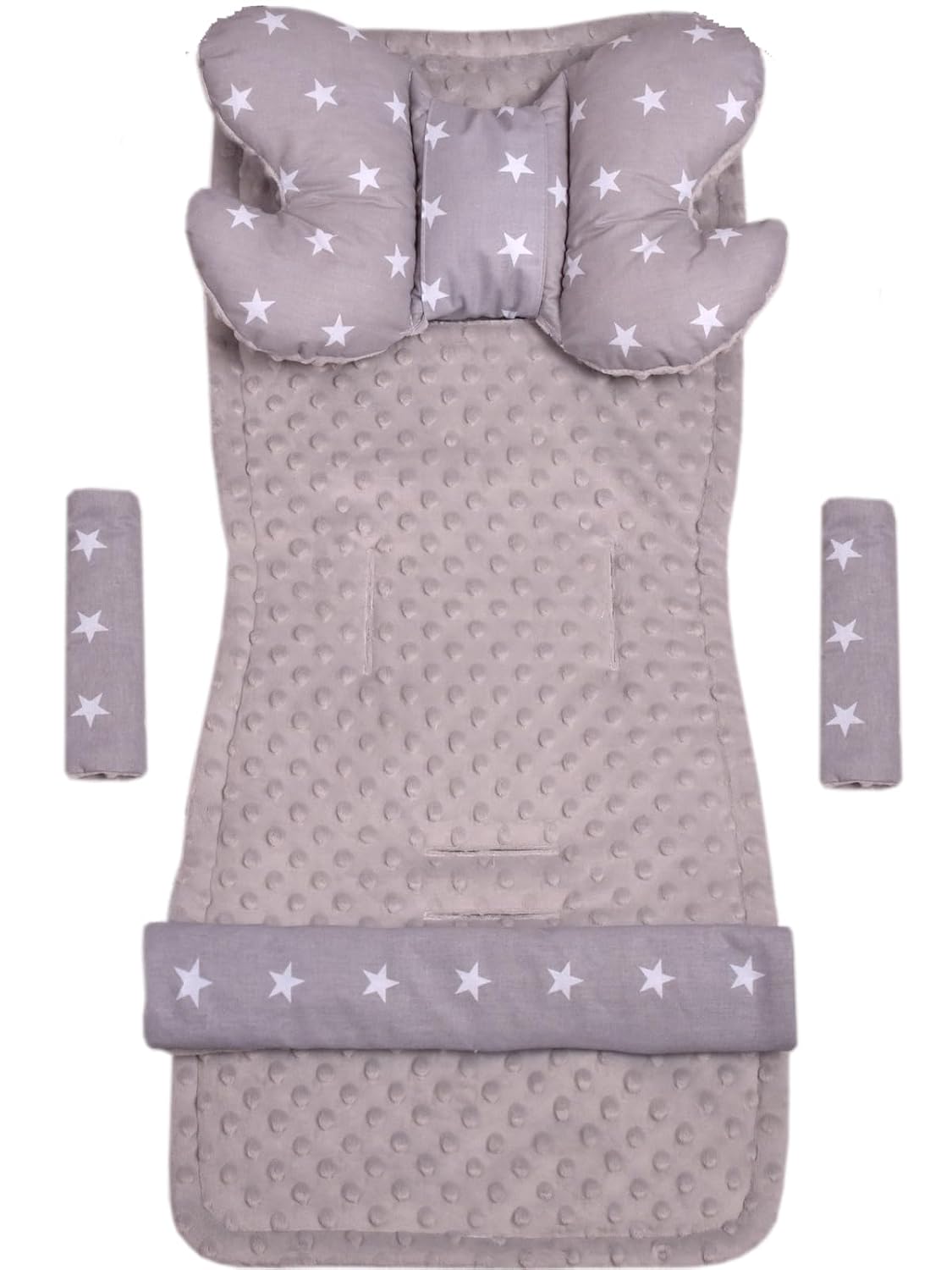 Sitzauflage Kinderwagen Buggy Baby Sommer Kindersitz Einlage Universal - 5tgl Gurtpolster + Spielbogen Kinderwagenset Babyschale (Safari mit beige Minky)