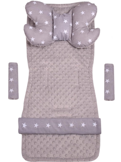 Sitzauflage Kinderwagen Buggy Baby Sommer Kindersitz Einlage Universal - 5tgl Gurtpolster + Spielbogen Kinderwagenset Babyschale (Safari mit beige Minky)
