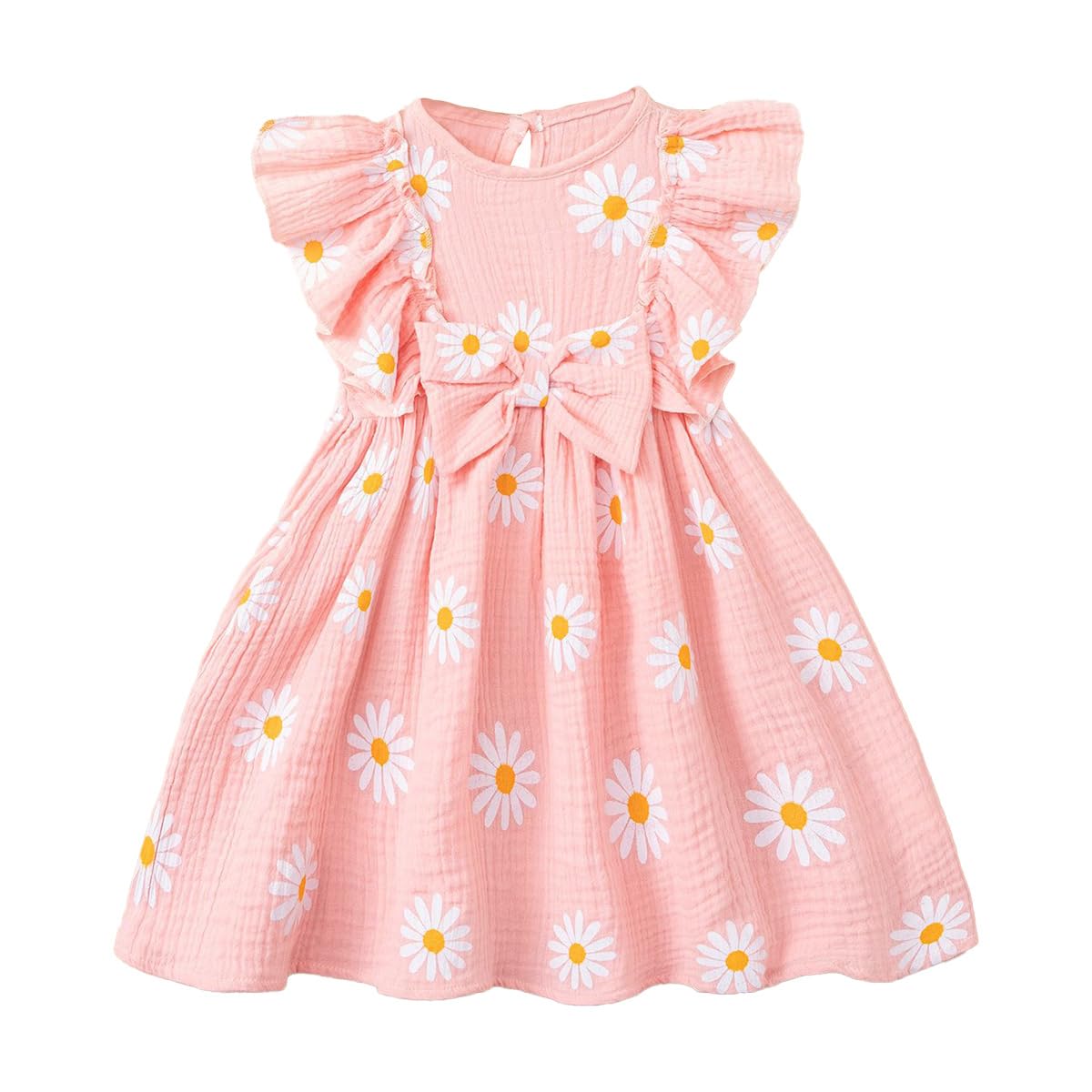 Kleinkinder Mädchen Sommerkleid Rüschenärmel Rundhalsausschnitt Knopfleiste Kleid lässiges Herbst A-Linien Party Kinderkleider 2-6 Jahre