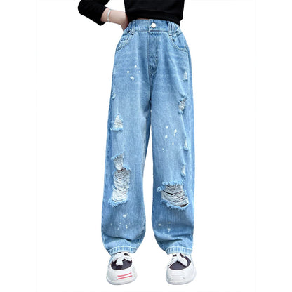 Rolanko Girls' Jeans Trousers with Hole, Denim Blue Jeans, Vintage Trousers With Wide Leg for Children