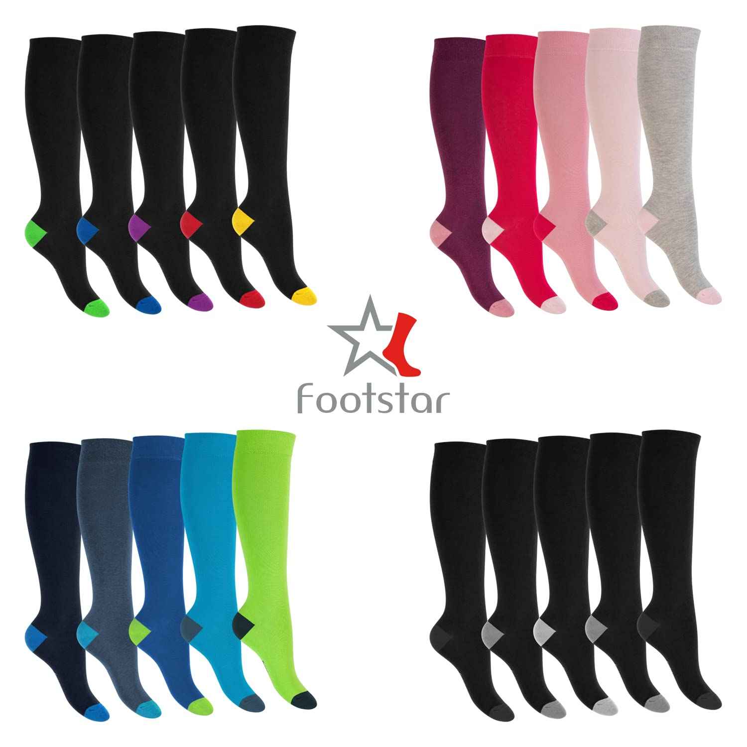 Footstar Children's Cotton Knee Socks (5 Pairs) with Contrasting Heel and Toe