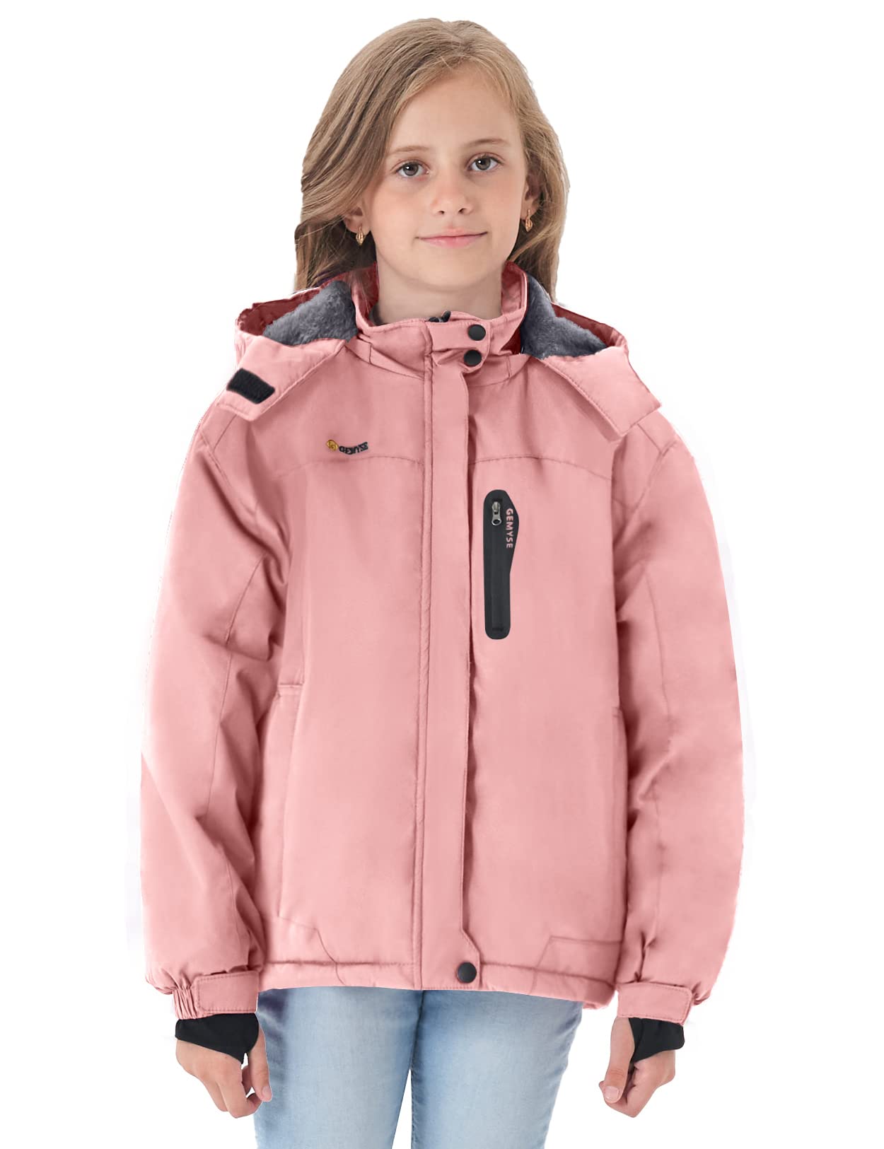 GEMYSE Girls' Waterproof Ski Jacket Windproof Fleece Outdoor Winter Jacket Rain Jacket with Hood