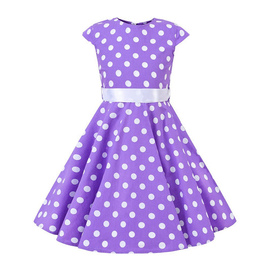 FYMNSI Girls Vintage 1950s Rockabilly Dress Party Dresses Retro Polka Dot Floral Pattern A-Line Party Dresses Pleated Skirt Knee Length for 4-12 Years 