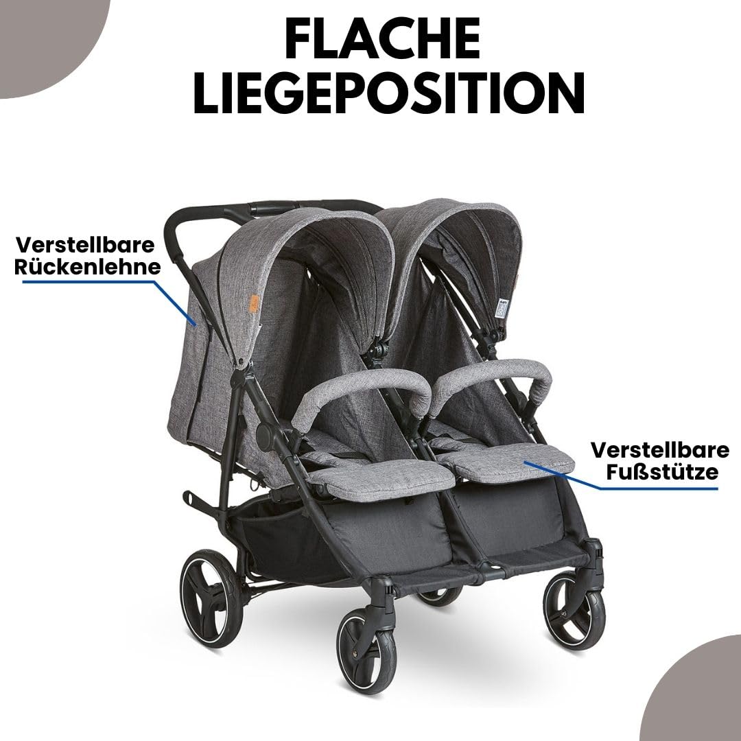 ABC Design Zwillingsbuggy Twin Circle - leichter und wendiger Kinderwagen für Zwillinge mit Liegefunktion, klein zusammenklappbarer Geschwisterwagen - Woven Graphite