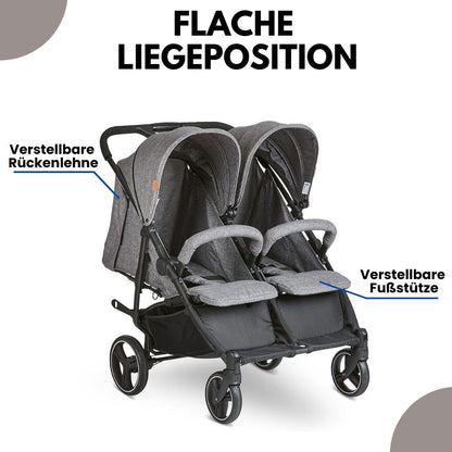 ABC Design Zwillingsbuggy Twin Circle - leichter und wendiger Kinderwagen für Zwillinge mit Liegefunktion, klein zusammenklappbarer Geschwisterwagen - Woven Graphite