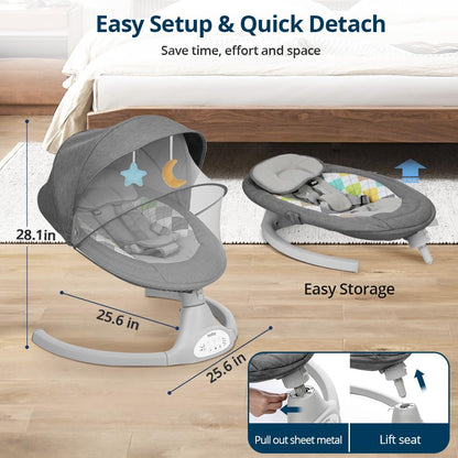 Bioby Elektrische Babywippe | Babyschaukel mit 5-Punkt-Gurt & 5 Schaukelmodi, Leicht & Sicher Wippe Baby Elektronisch mit Bluetooth-Musik & Fernbedienung, für 0-12 Monate (2-9 kg), Grau