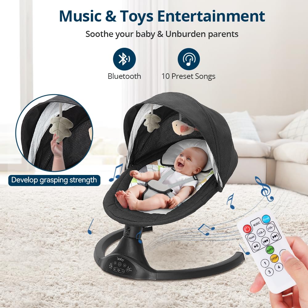 Bioby Elektrische Babywippe | Babyschaukel mit 5-Punkt-Gurt & 5 Schaukelmodi, Leicht & Sicher Wippe Baby Elektronisch mit Bluetooth-Musik & Fernbedienung, für 0-12 Monate (2-9 kg), Grau