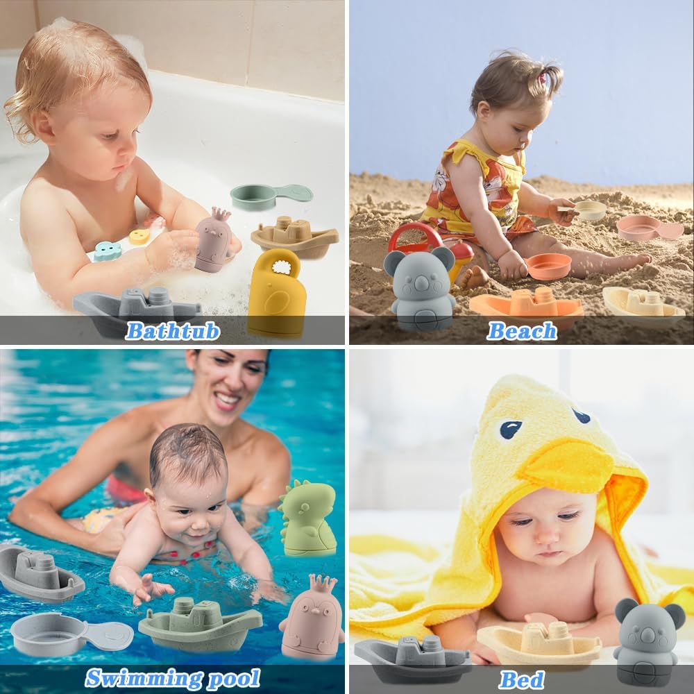 BIQIQI Baby Badespielzeug, 15 Stück Badewannenspielzeug Baby Silikon Wasserspielzeug Kinder mit Spritztiere Boote Badelöffeln,Schwimmende Schwimmbad Badewanne Pool Bad Spielzeug für Kleinkinder