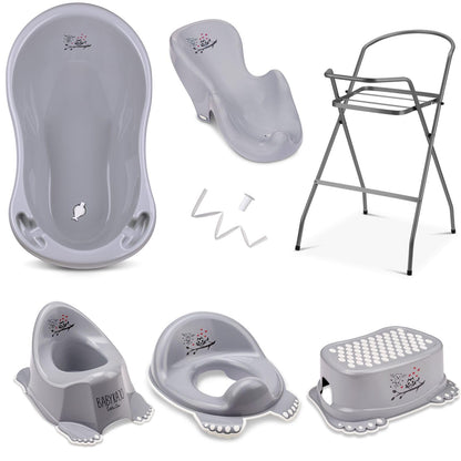 Baby Badewanne mit Gestell 4 Set TÜV Rheinland zertifiziert! Babybadewannen + Baby Badewannensitz +Abfluss + Gestell - Babywanne mit Ständer! Baby Pflegeset für Neugeborene.