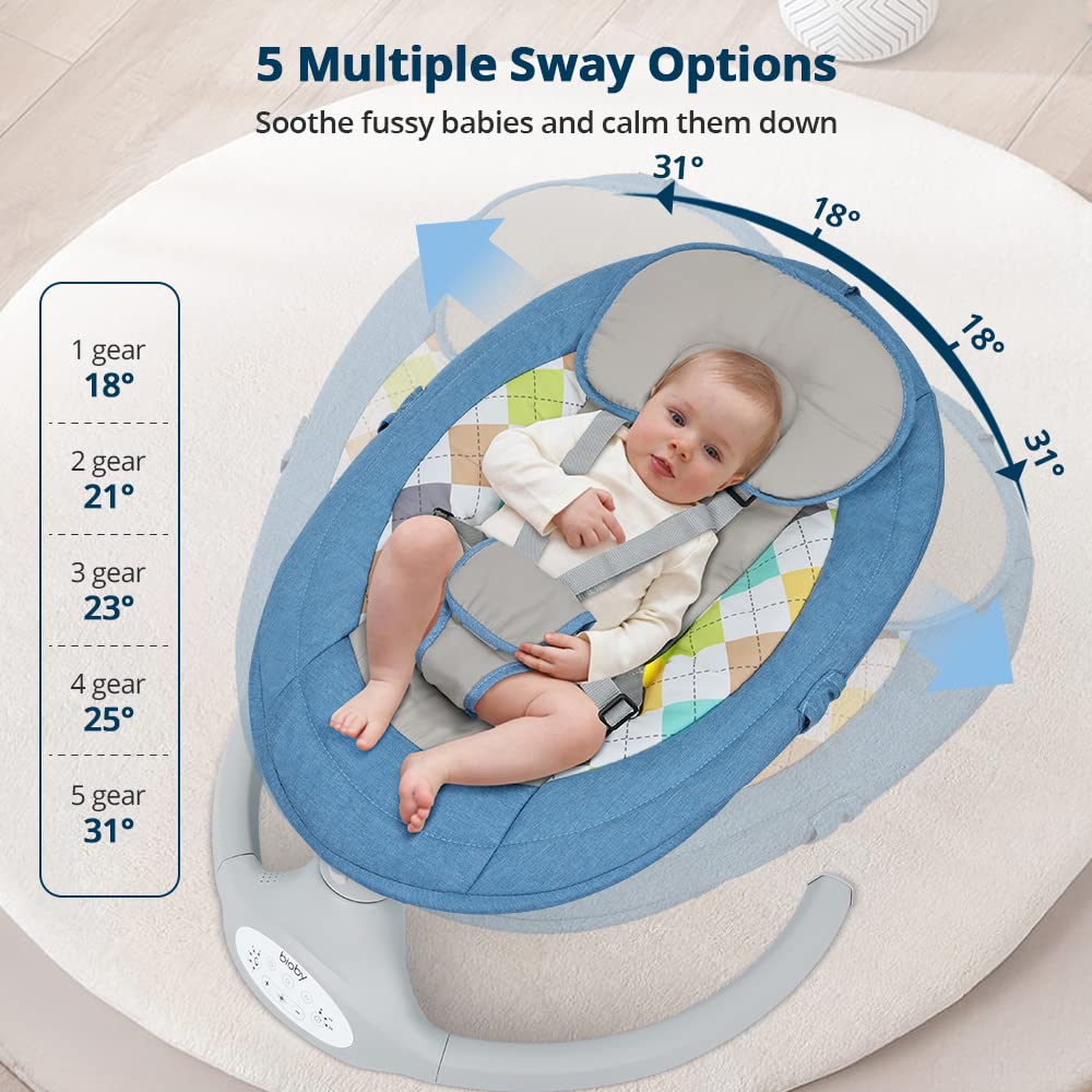 Bioby Elektrische Babywippe | Babyschaukel mit 5-Punkt-Gurt & 5 Schaukelmodi, Leicht & Sicher Wippe Baby Elektronisch mit Bluetooth-Musik & Fernbedienung, für 0-12 Monate (2-9 kg), Grau