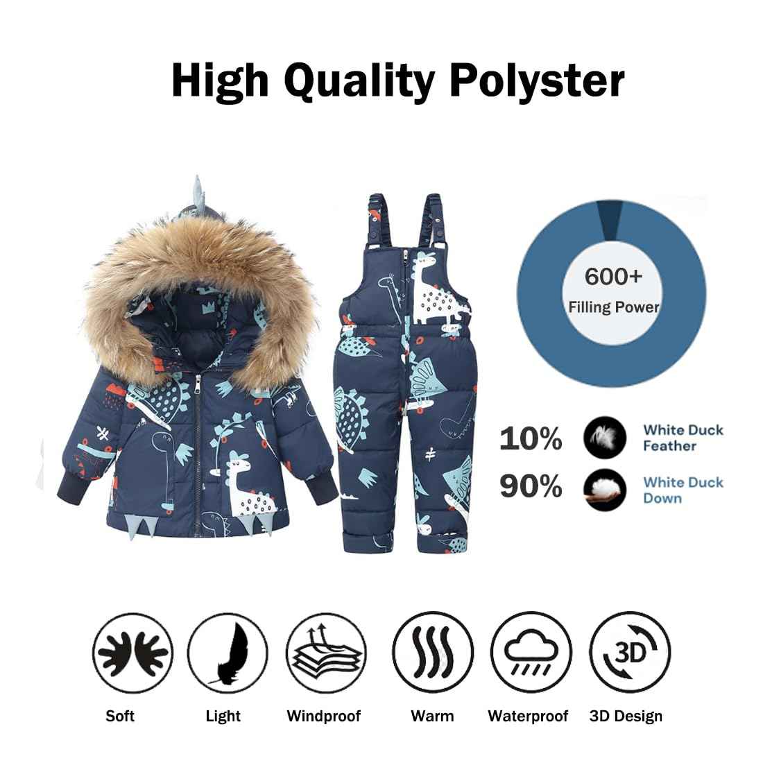 Printed Snowsuits for Baby Girls, 2-Piece Clothing Set, Winter Unisex Children's Down Jacket with Removable Fur Hood with Snow Dungarees, Boys and Girls, Ski Suit Clothing
