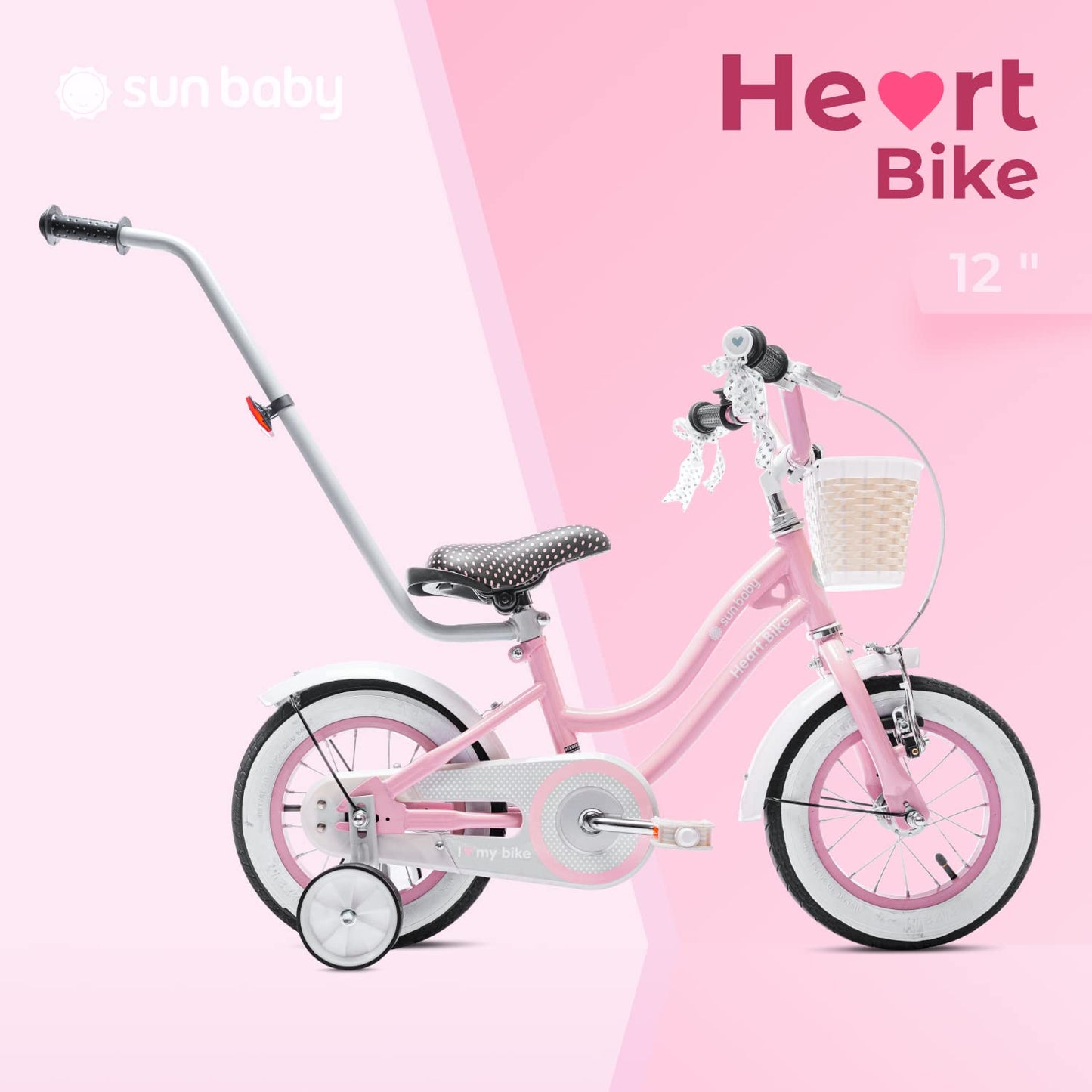 sun baby Mädchenfahrrad 12, 14 und 16 Zoll Radgröße Heart Bike zur Auswahl, mit Abnehmbarer Schubstange, Kinderfahrrad für Mädchen von 2 bis 6 Jahre