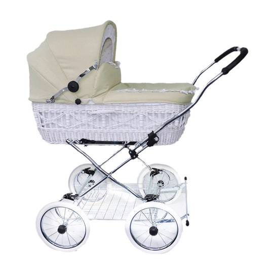 EICHHORN Weidenkorb Kinderwagen, Korb Weiß, Stoff Beige - große Liegefläche, weich gefedert, inklusive Matratze und Regenschutzbezug