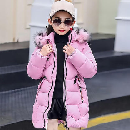 Girls' Winter Jacket Children's Winter Coat Thick Quilted Jacket Long Warm Parka Cotton Jacket Outdoor Coat with Fur Hood and Love Embroidery Print